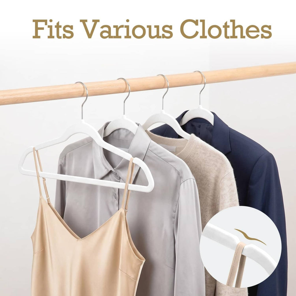 Slim velvet hangers for shirts and coats, curved shoulders and smooth, sturdy hook