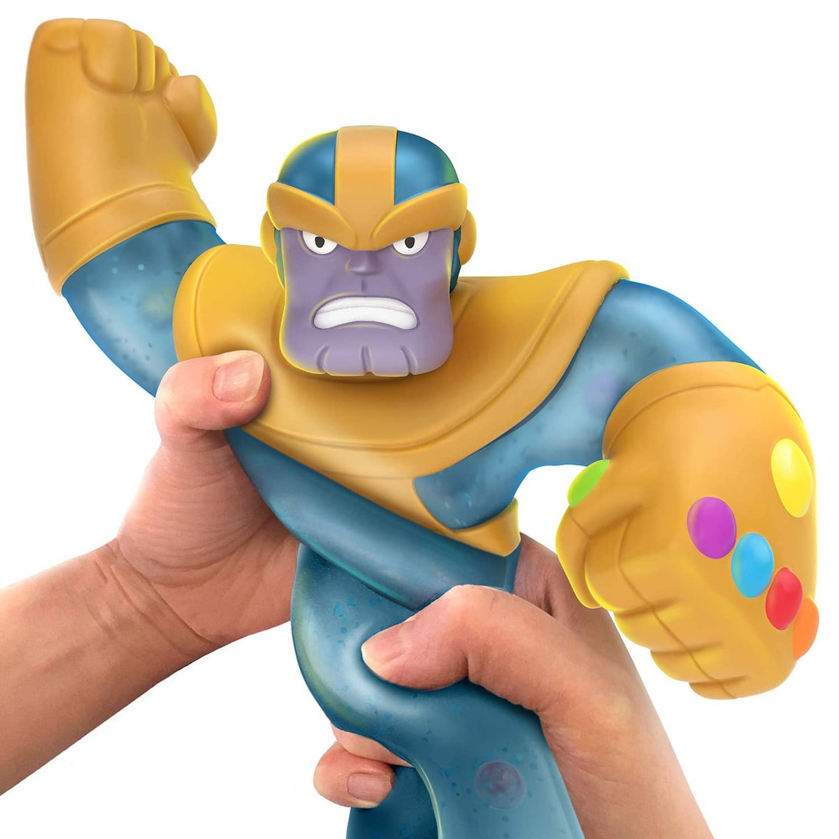 Thanos stretchy action figure in blue-and-yellow suit, purple face, held by hands