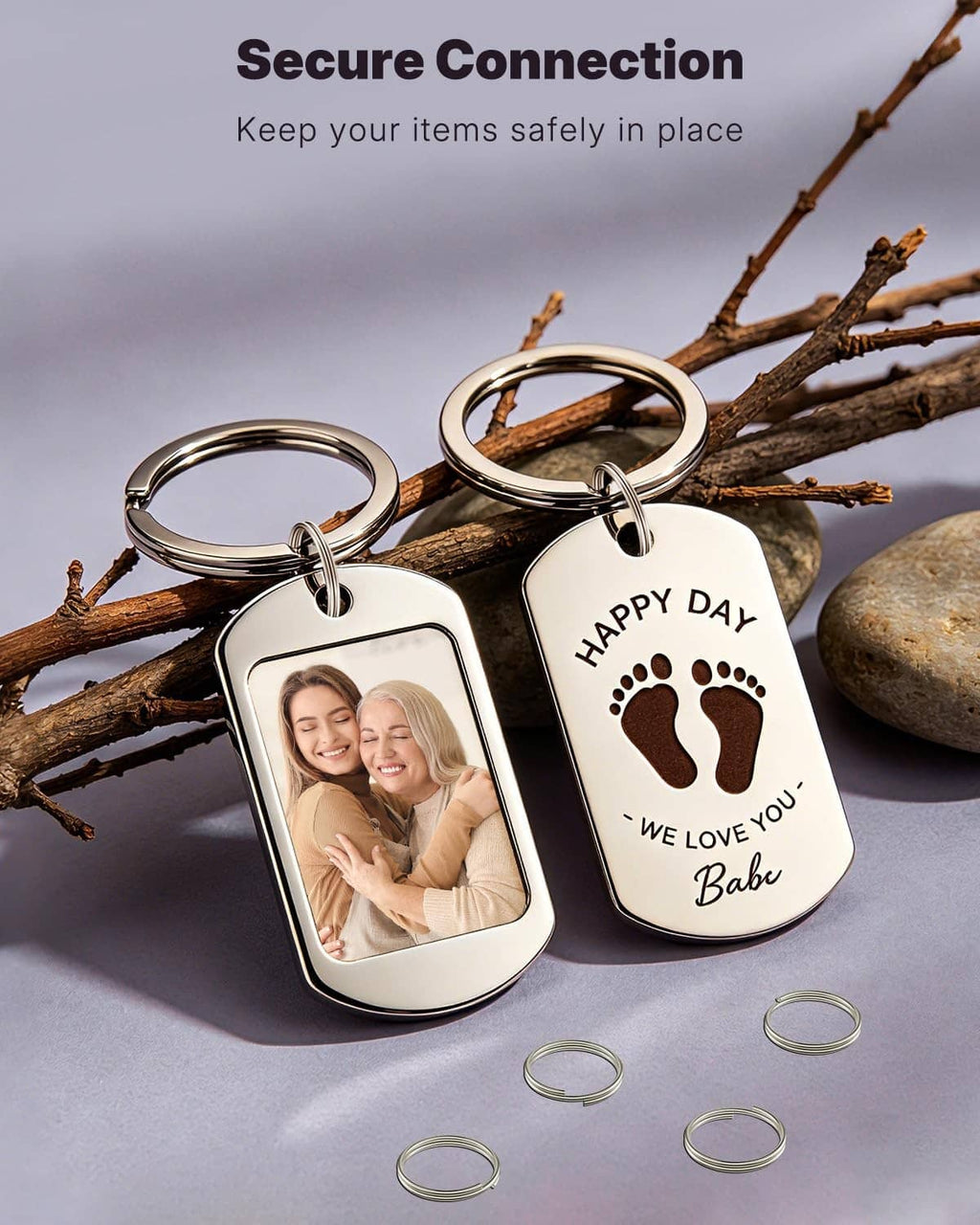 Silver double-loop split jump rings attached to keychain charms