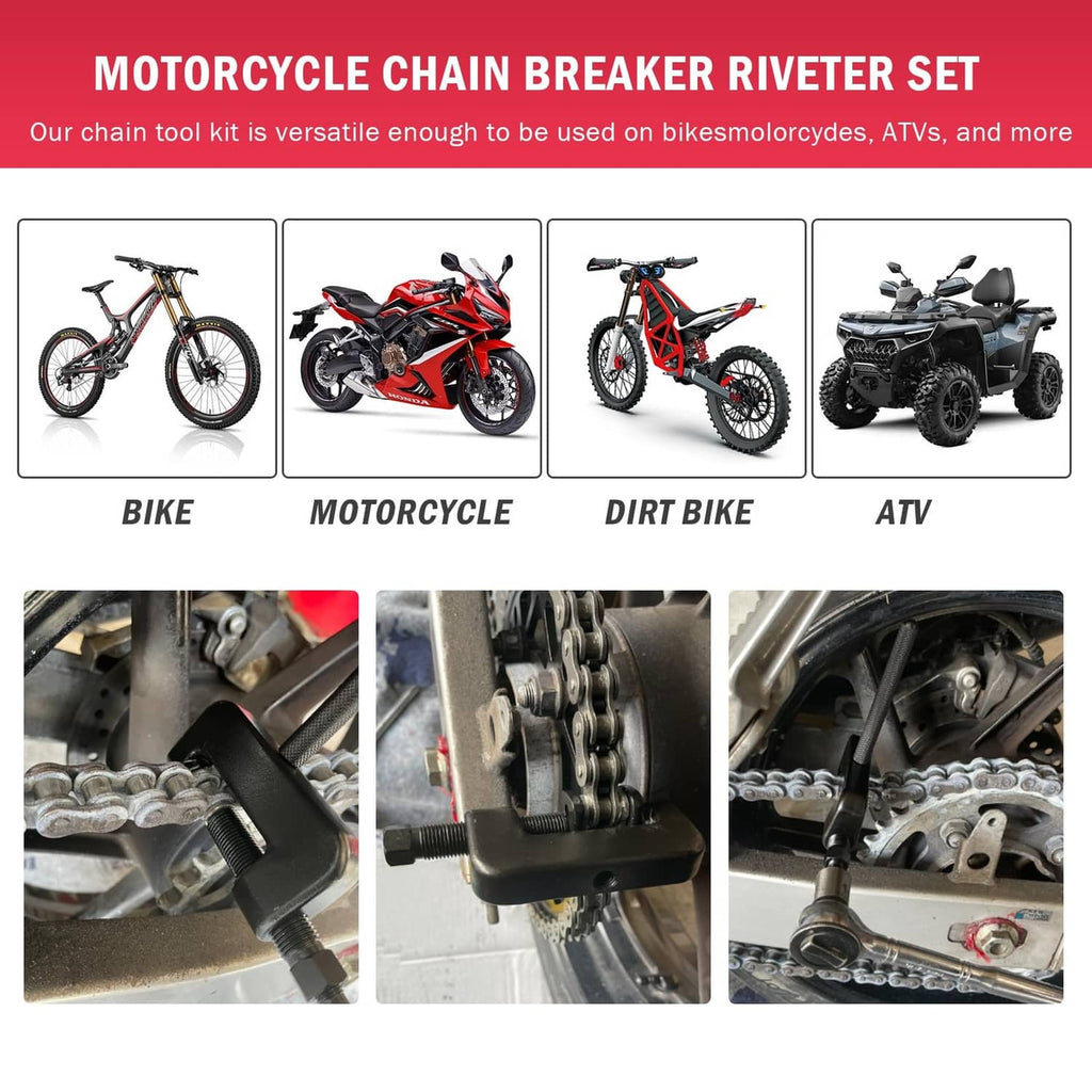 Motorcycle chain breaker riveter set with black tool parts and red carrying case