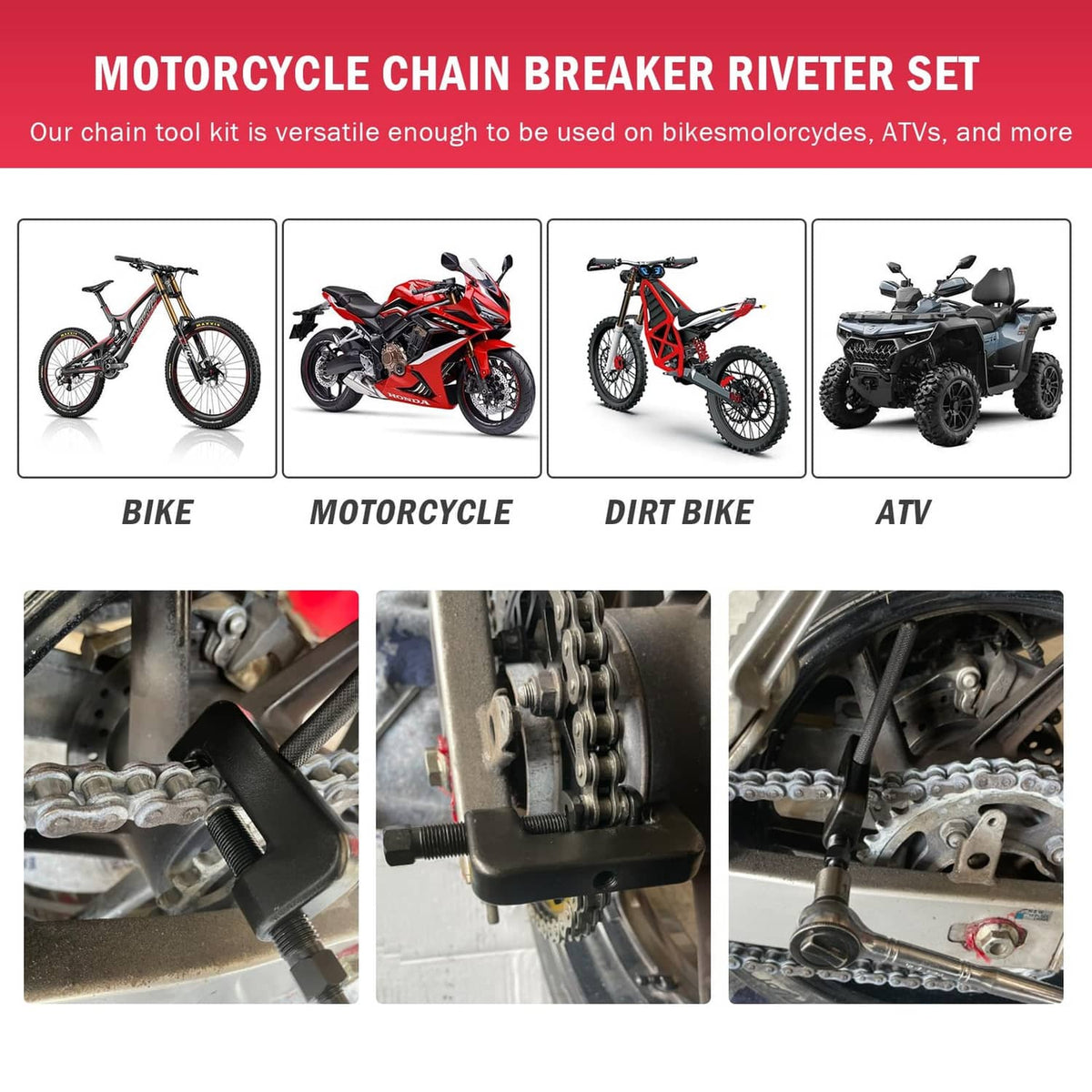 Motorcycle chain breaker riveter set with black tool parts and red carrying case
