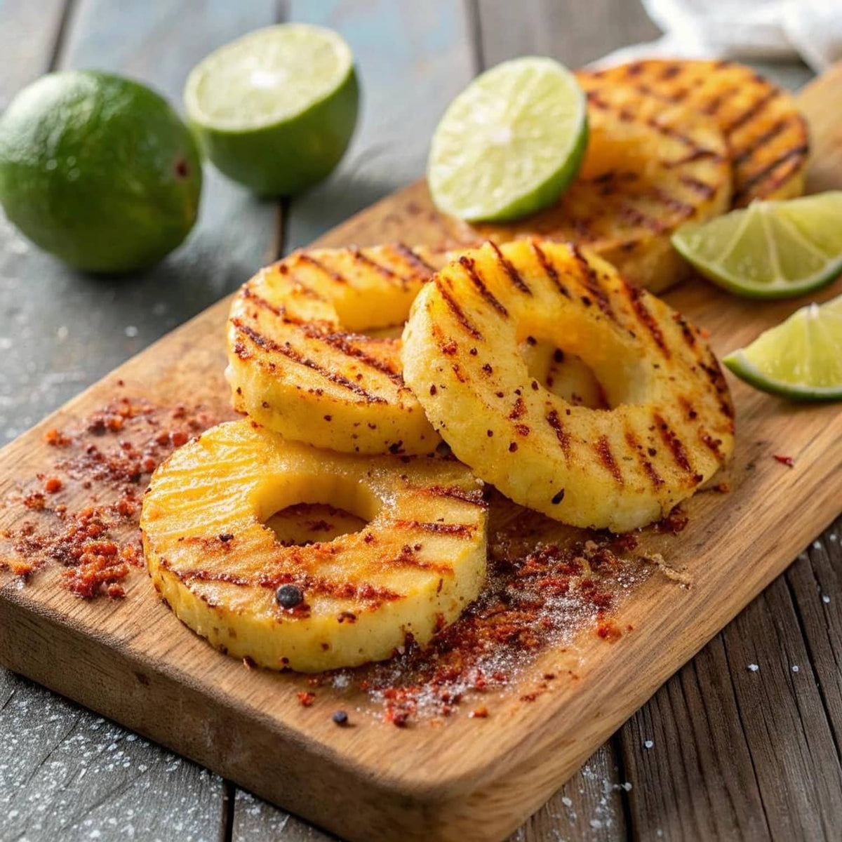 Sweet Caribbean seasoning flavor on grilled pineapple rings with lime wedges on a board