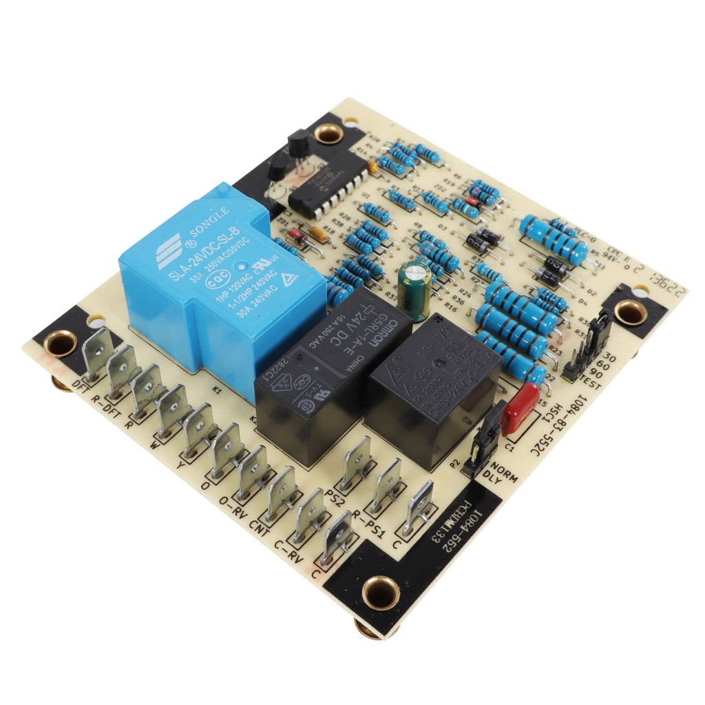 Defrost control board with blue relay, black ICs, and screw terminal points