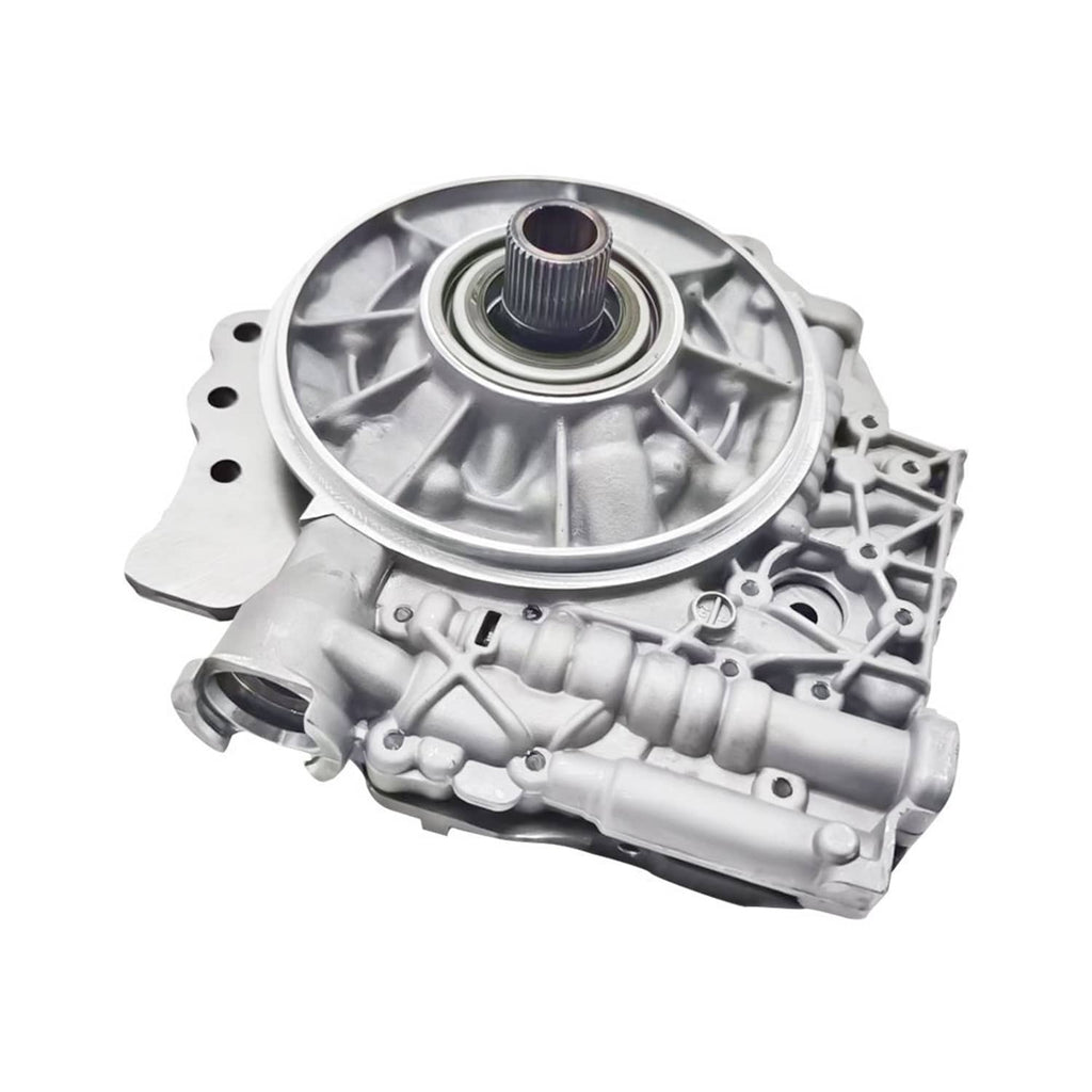 Transmission pump assembly metal casing with central gear shaft and circular cover, side view