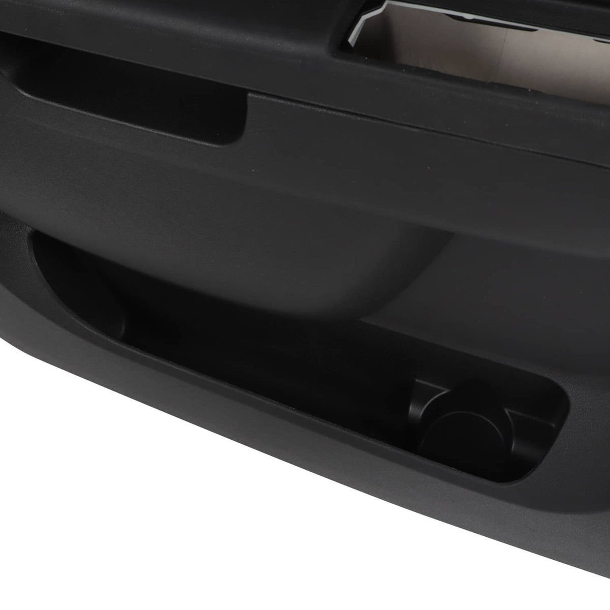 Black interior driver-side door trim panel with circular pull opening near bottom