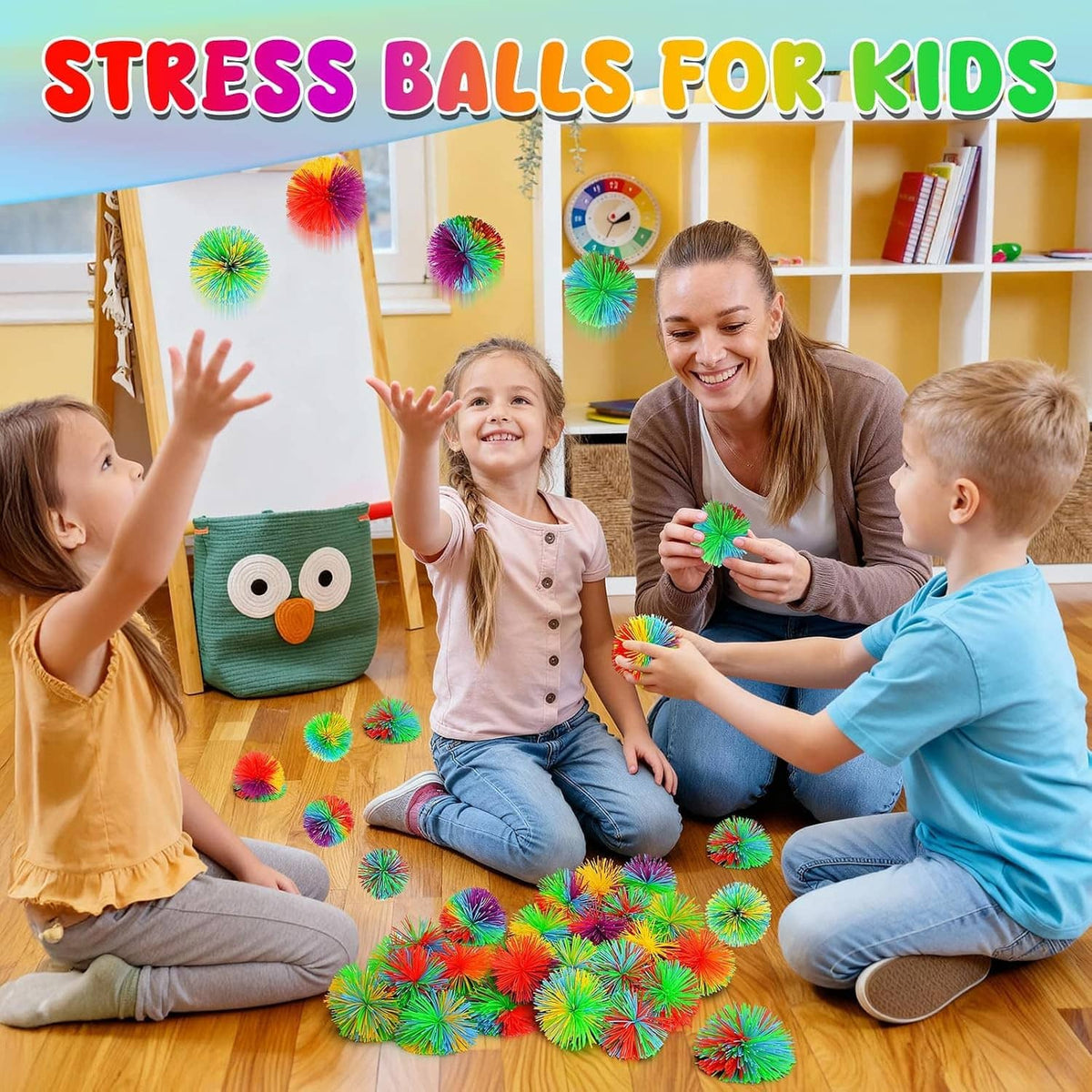 Rainbow stringy pom stress balls on the floor, kids holding colorful fidgets