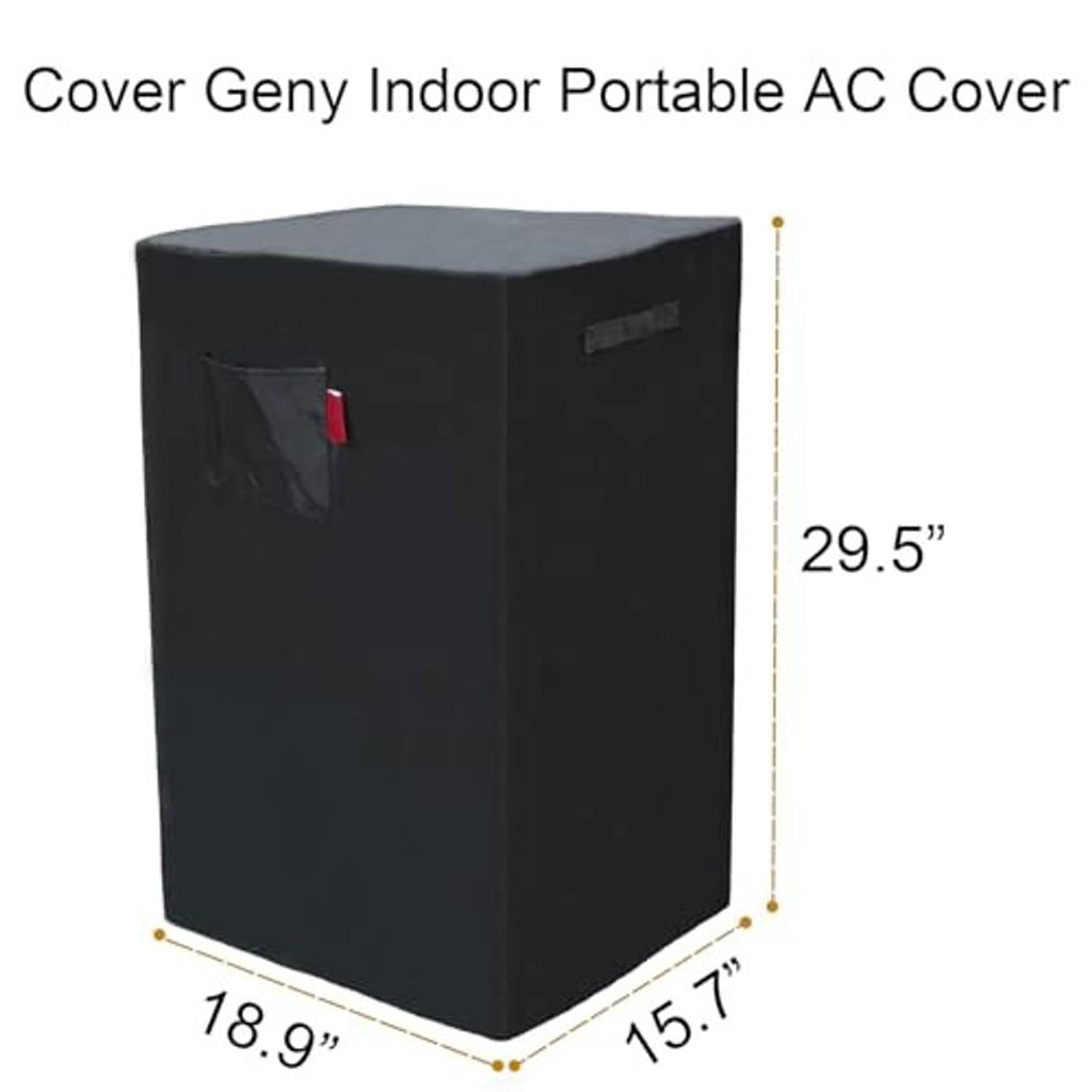 Black portable air conditioner cover with gray top, side strap, and front control window