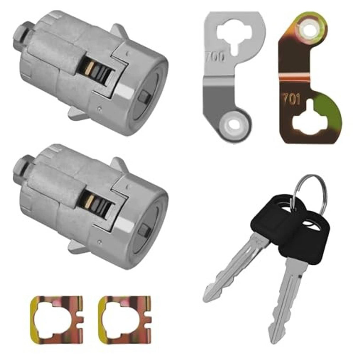 Gray door lock cylinder set with two keys, two key blanks, and two lock cores
