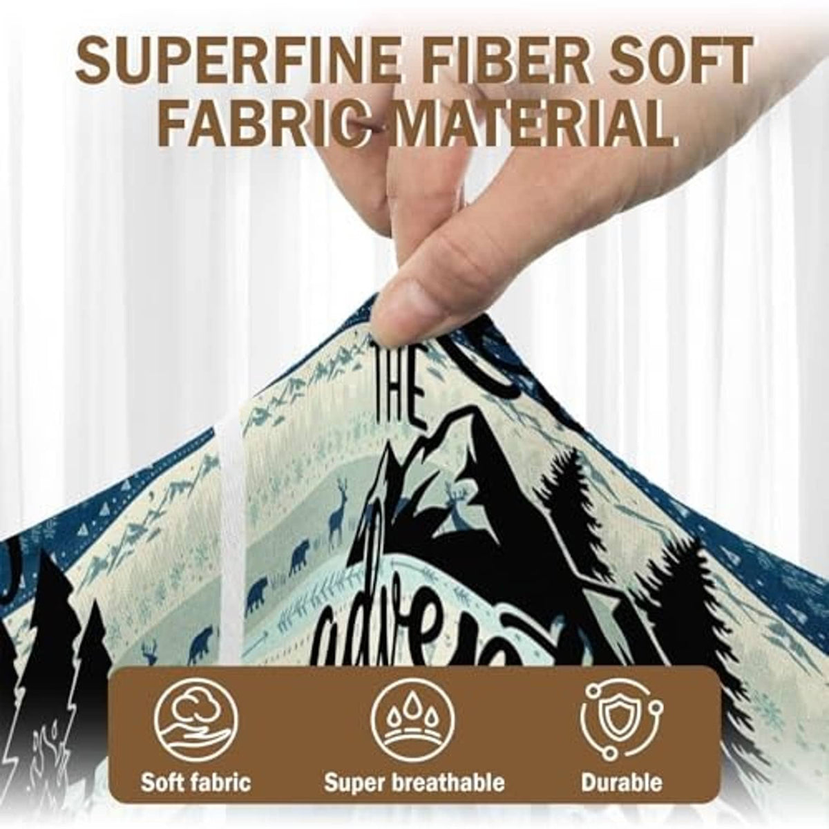 Blue and cream camping graphic cushion cover fabric shown with soft, breathable feel