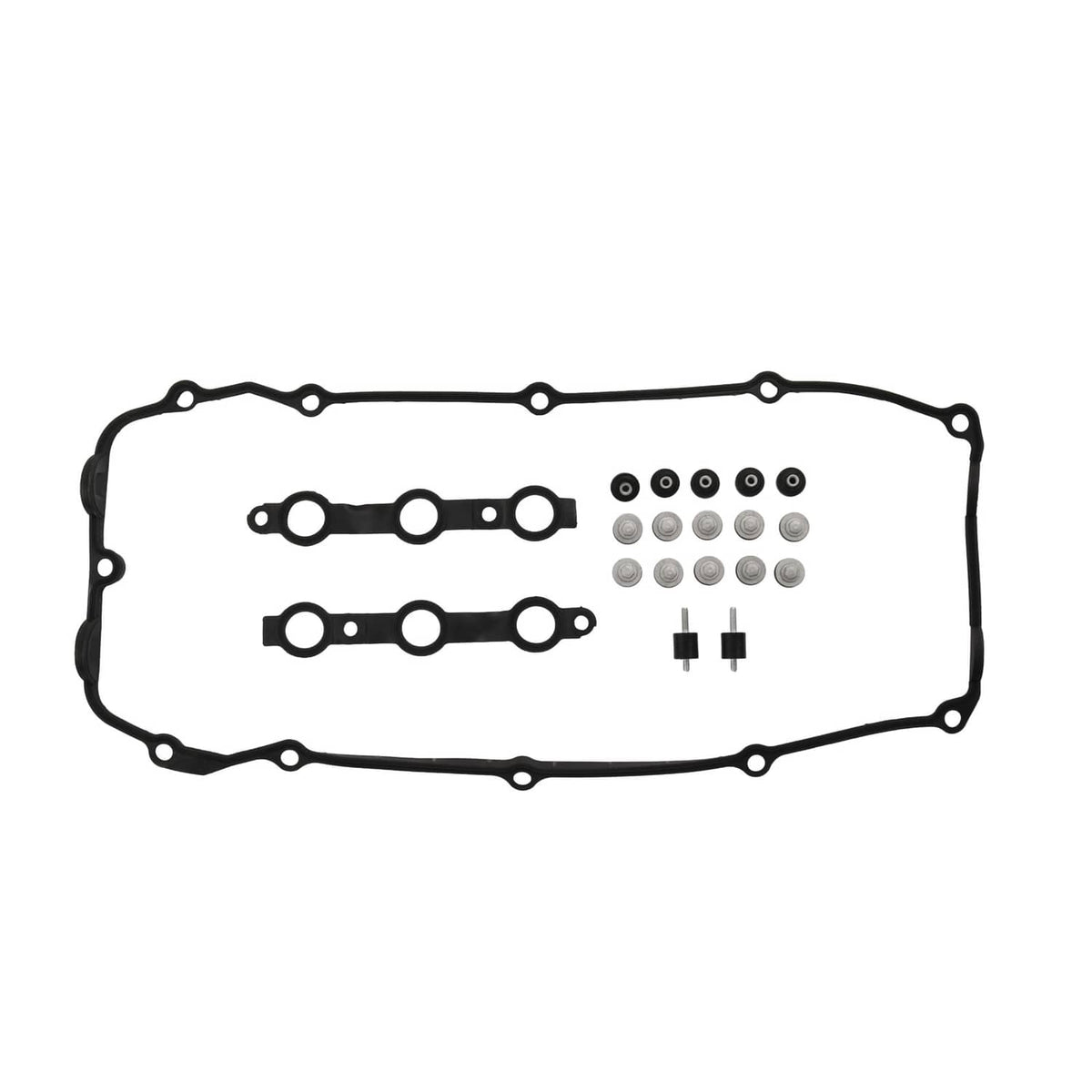 Valve cover gasket kit with gaskets, fasteners, and round hardware pieces