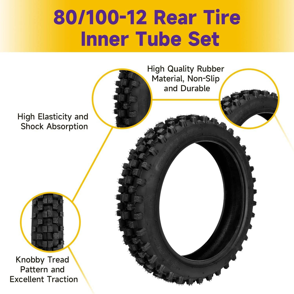 80/100-12 rear dirt bike tire with inner tube, knobby tread