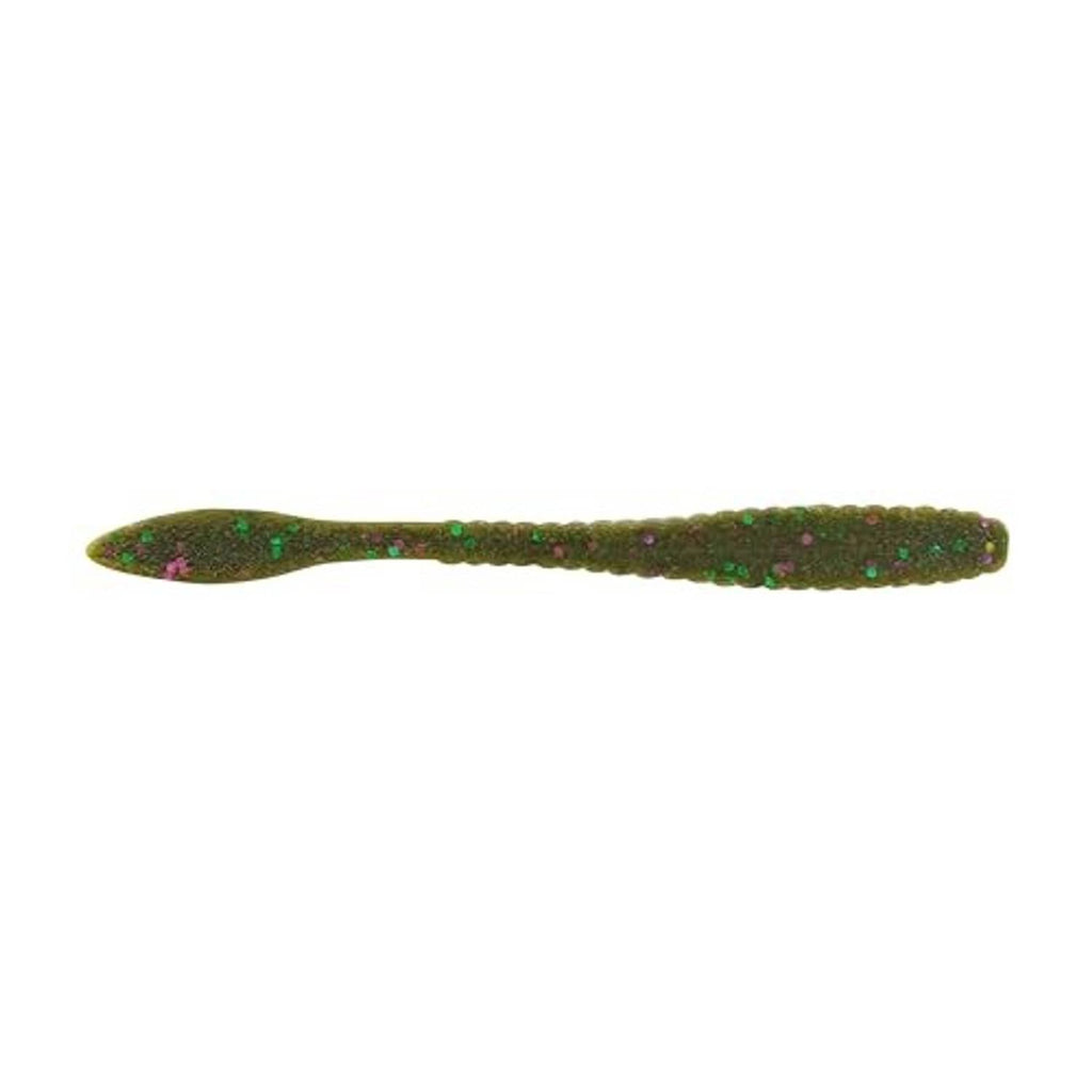 Green pumpkin soft plastic finesse lure with bright multicolor speckles along body