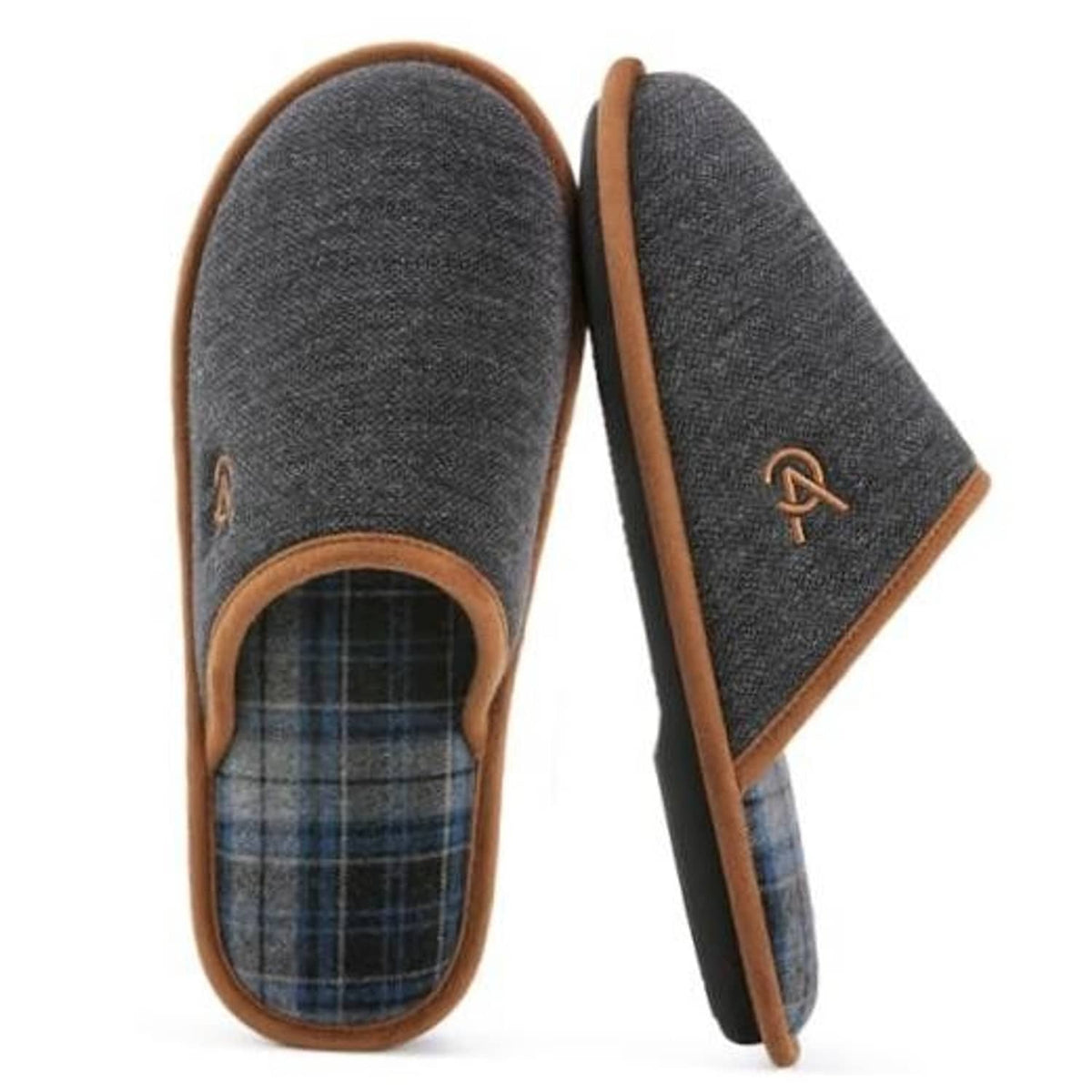 Dark gray knitted slip-on slippers with brown trim and blue plaid lining