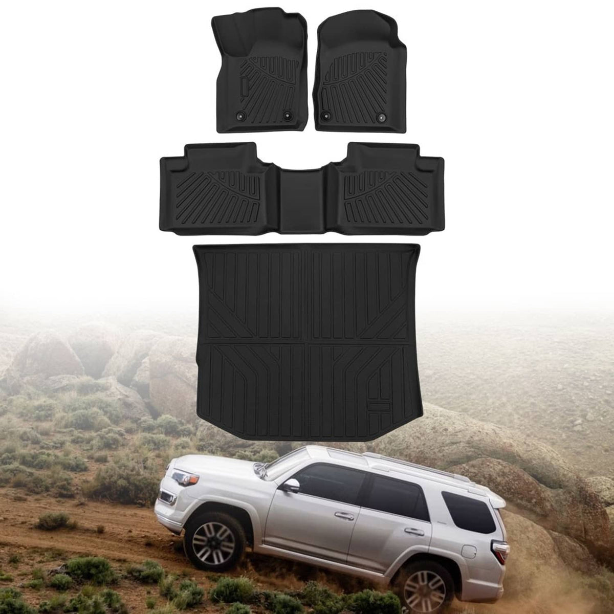 Black TPE all-weather floor mats and cargo liner laid out flat