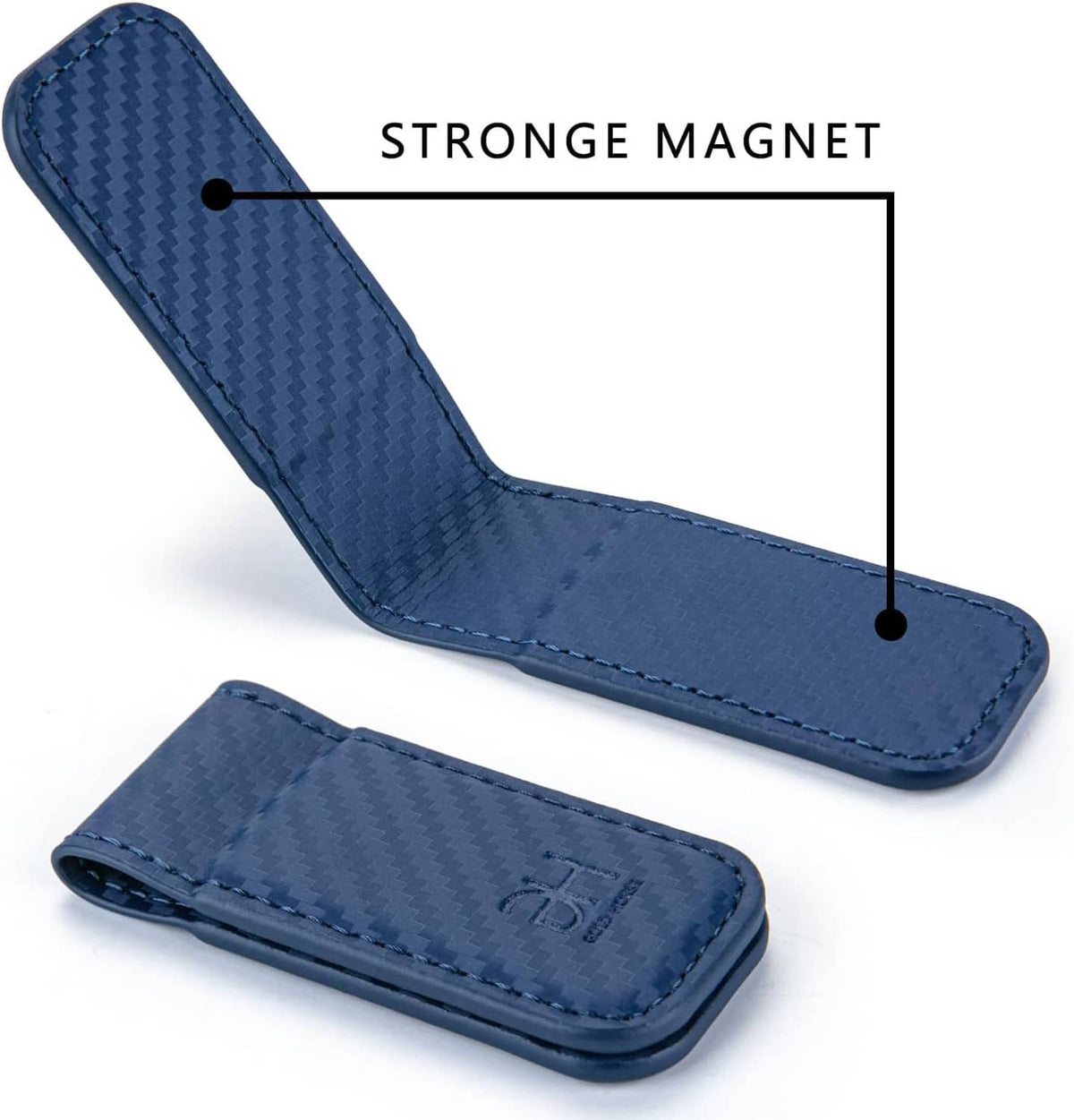 Blue leather money clip card holder with magnetic closure, open pocket for cards