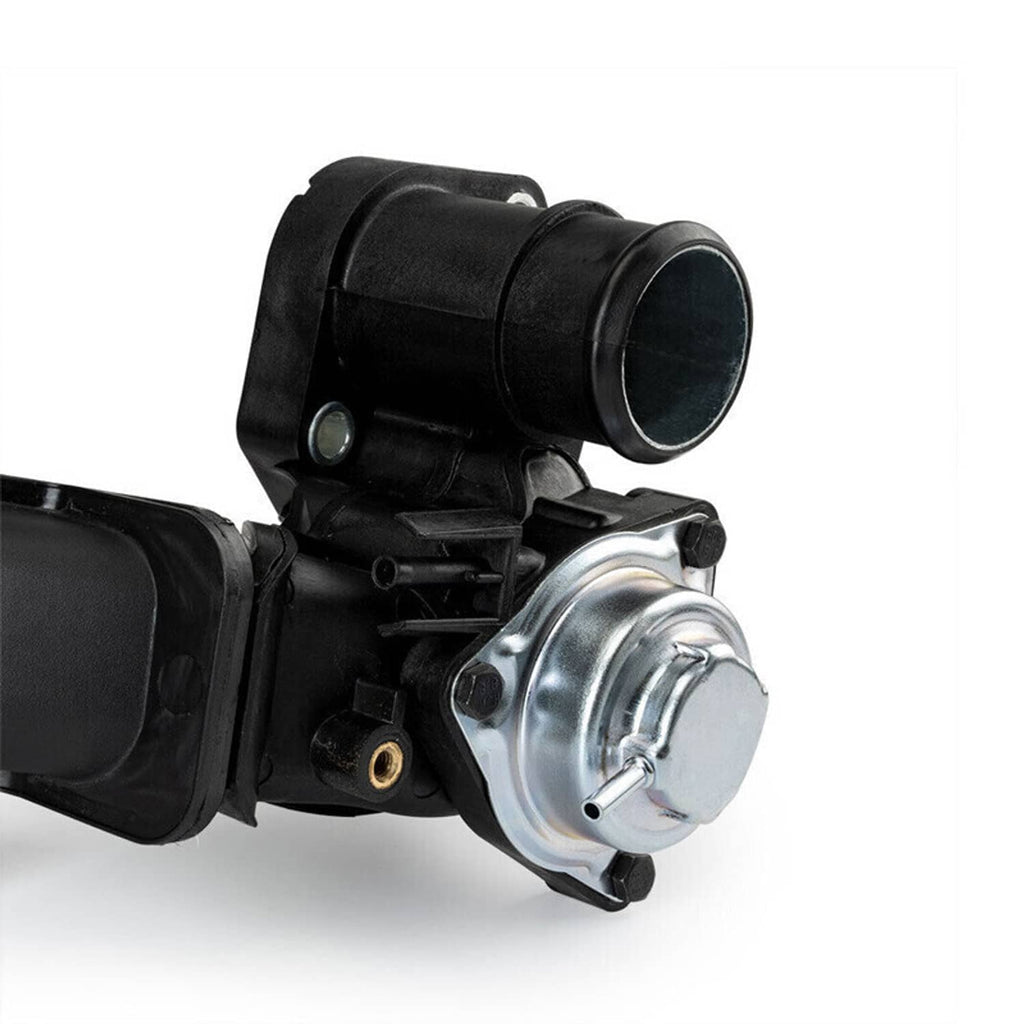Black charge air pipe joint with metal vacuum canister and round hose connector
