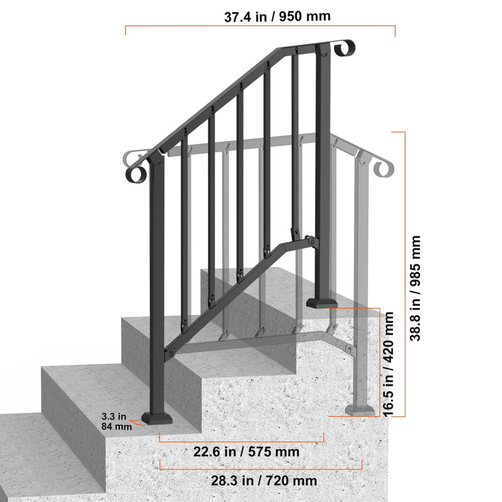 Black outdoor stair handrail with adjustable structure and vertical balusters over steps