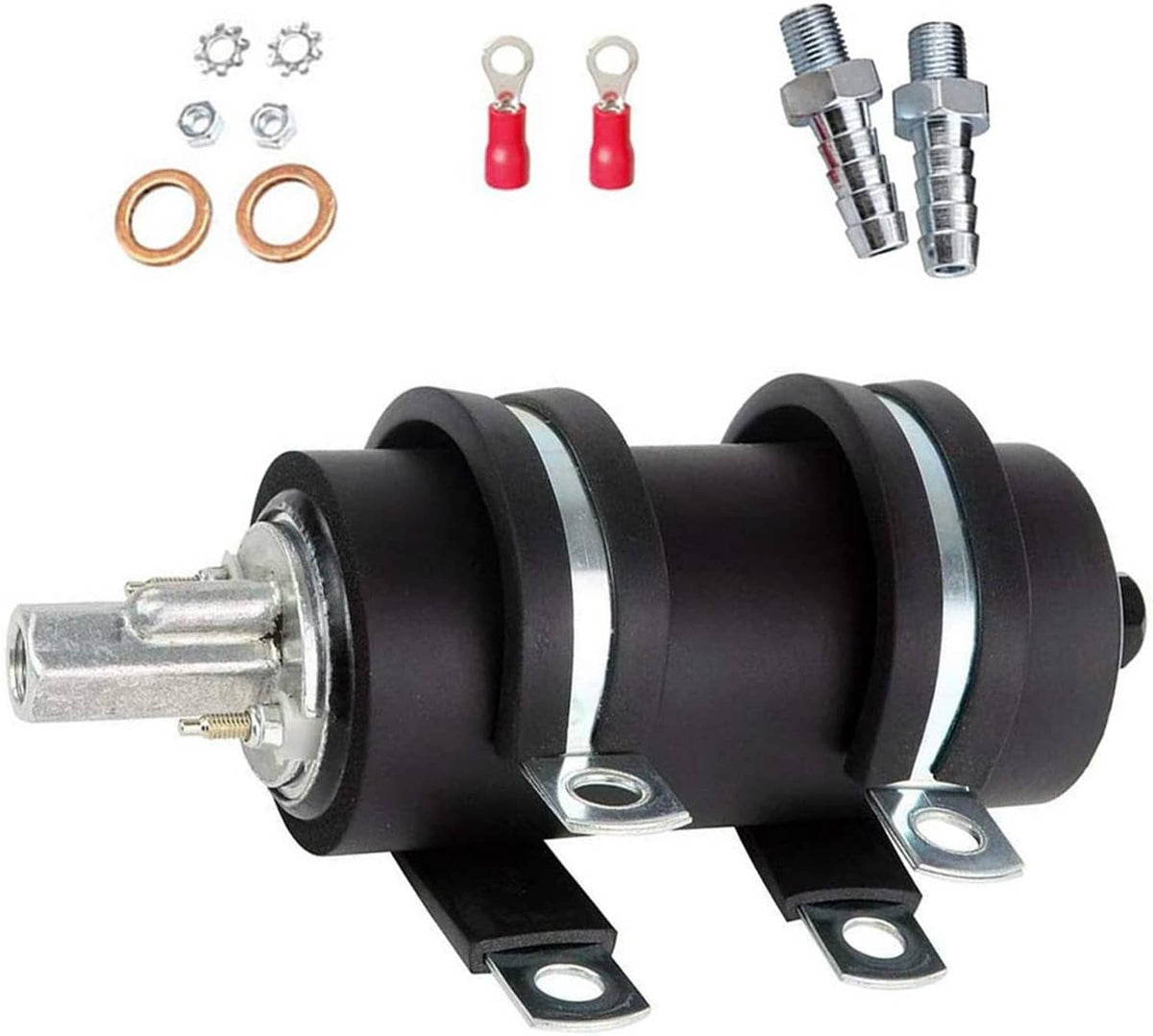 Inline fuel pump with black housing, silver inlet/outlet fittings, and mounting clamps