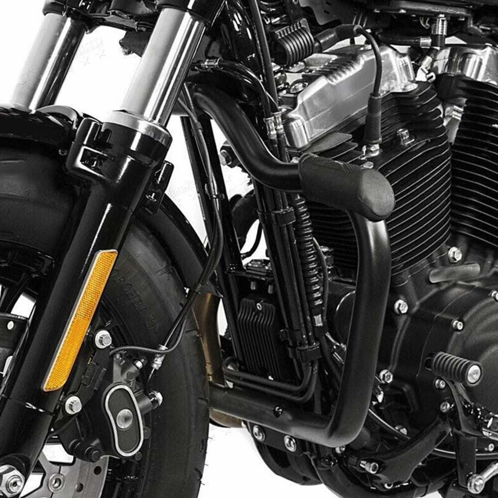 Black engine crash guard bar with mounting points around the motorcycle engine