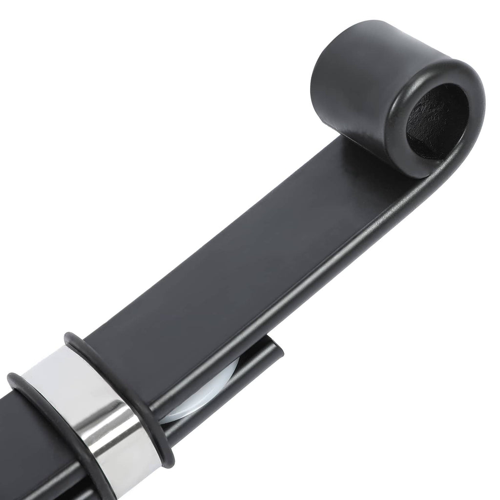 Rubberized bushing mount end on black leaf spring with curved bracket