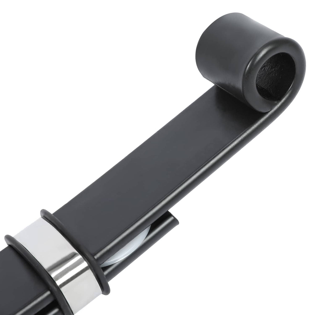 Rubberized bushing mount end on black leaf spring with curved bracket