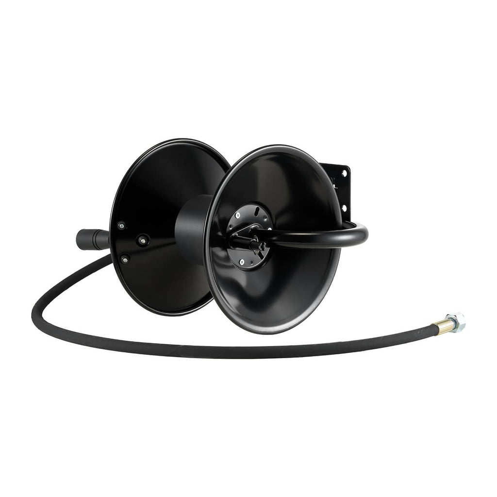 Black pressure washer hose reel with side view, mounting plate, and hose connector ends