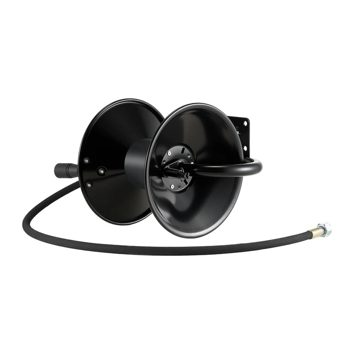 Black pressure washer hose reel with side view, mounting plate, and hose connector ends