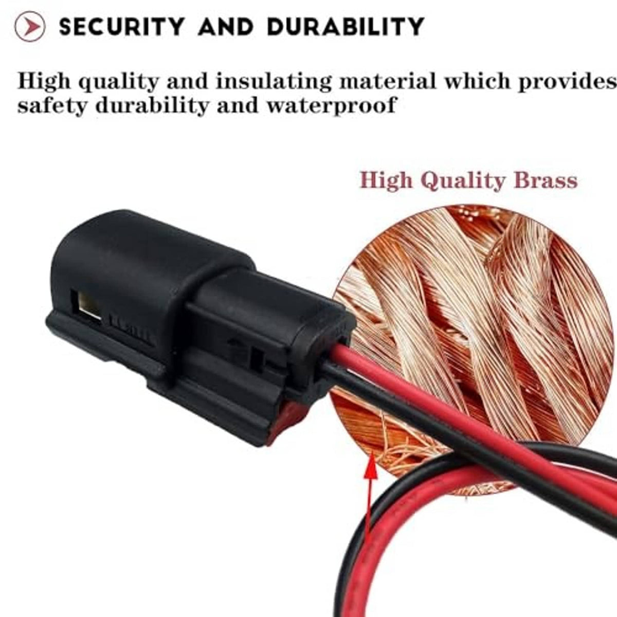 Fog light wiring harness plug with black housing and insulated red/black wiring, with terminals