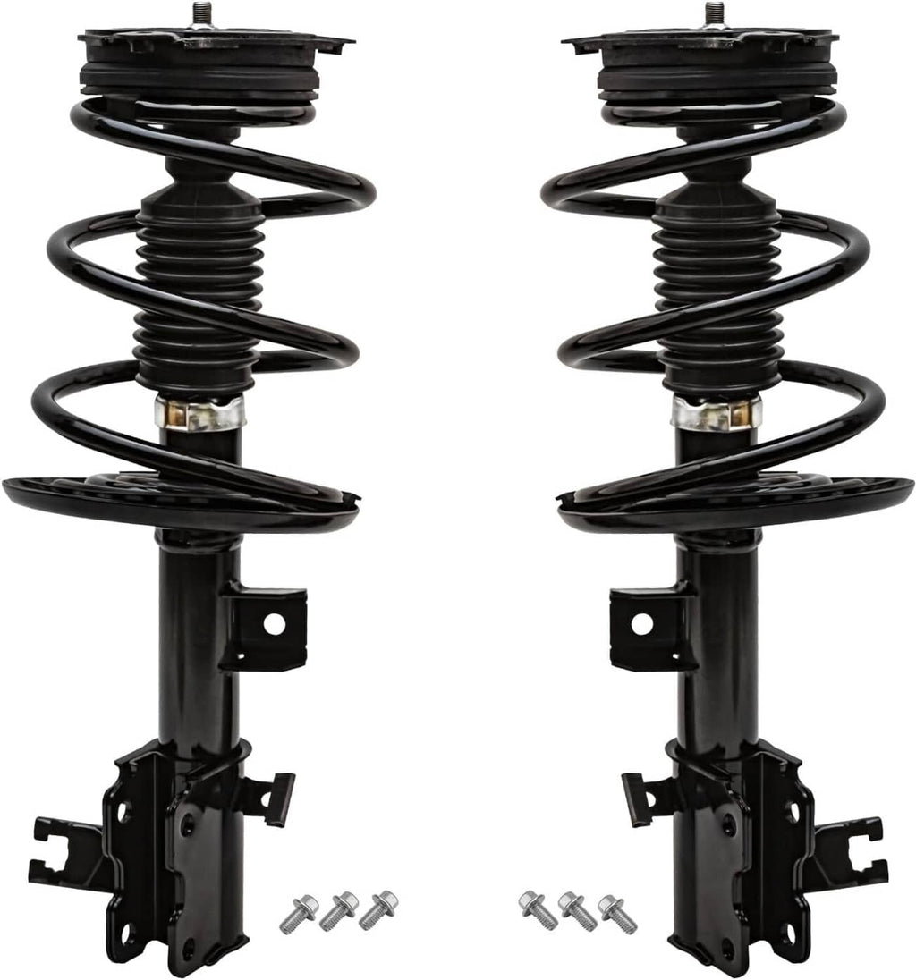 Two black coil-spring strut shocks with mounting brackets and included bolts