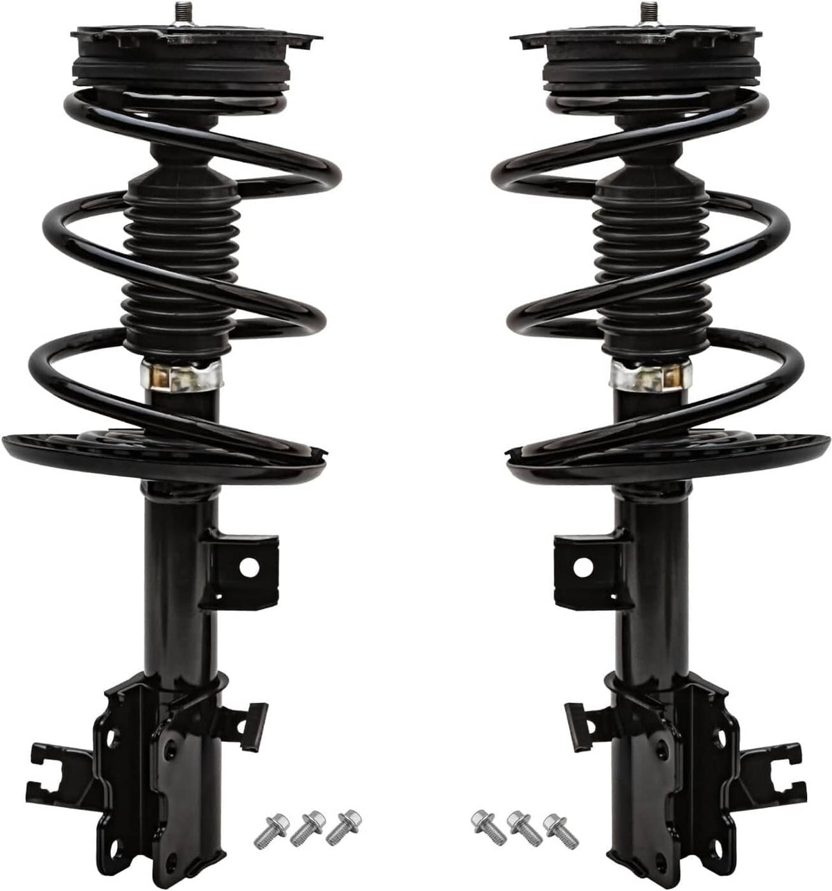 Two black coil-spring strut shocks with mounting brackets and included bolts