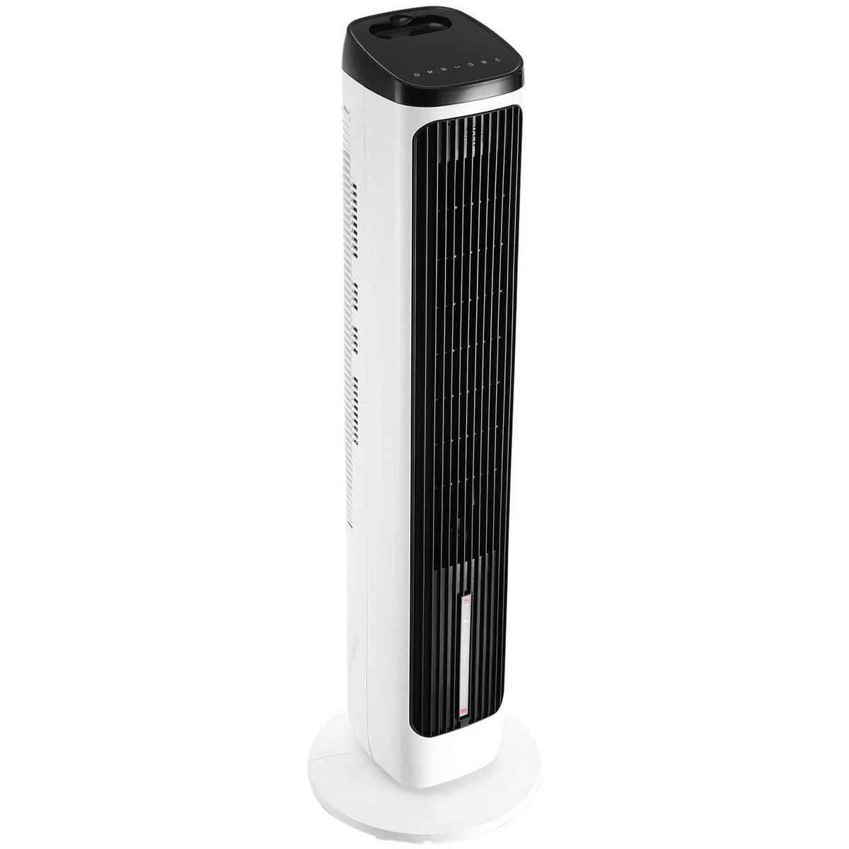 White tower fan with black vertical grille and round base, with top control panel