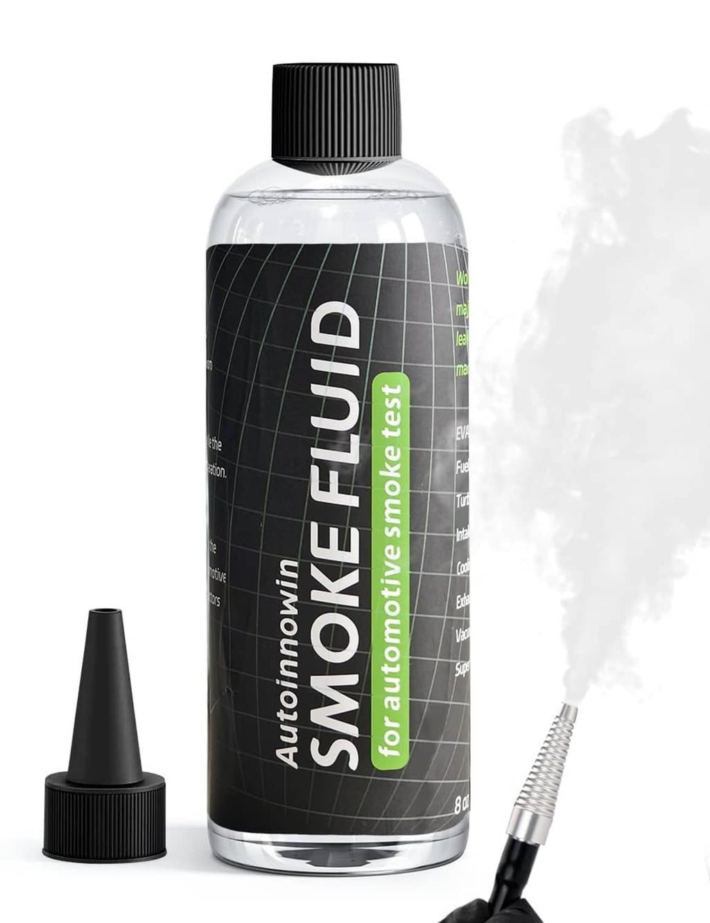 Smoke fluid solution bottle with black ribbed cap and small applicator nozzle tips