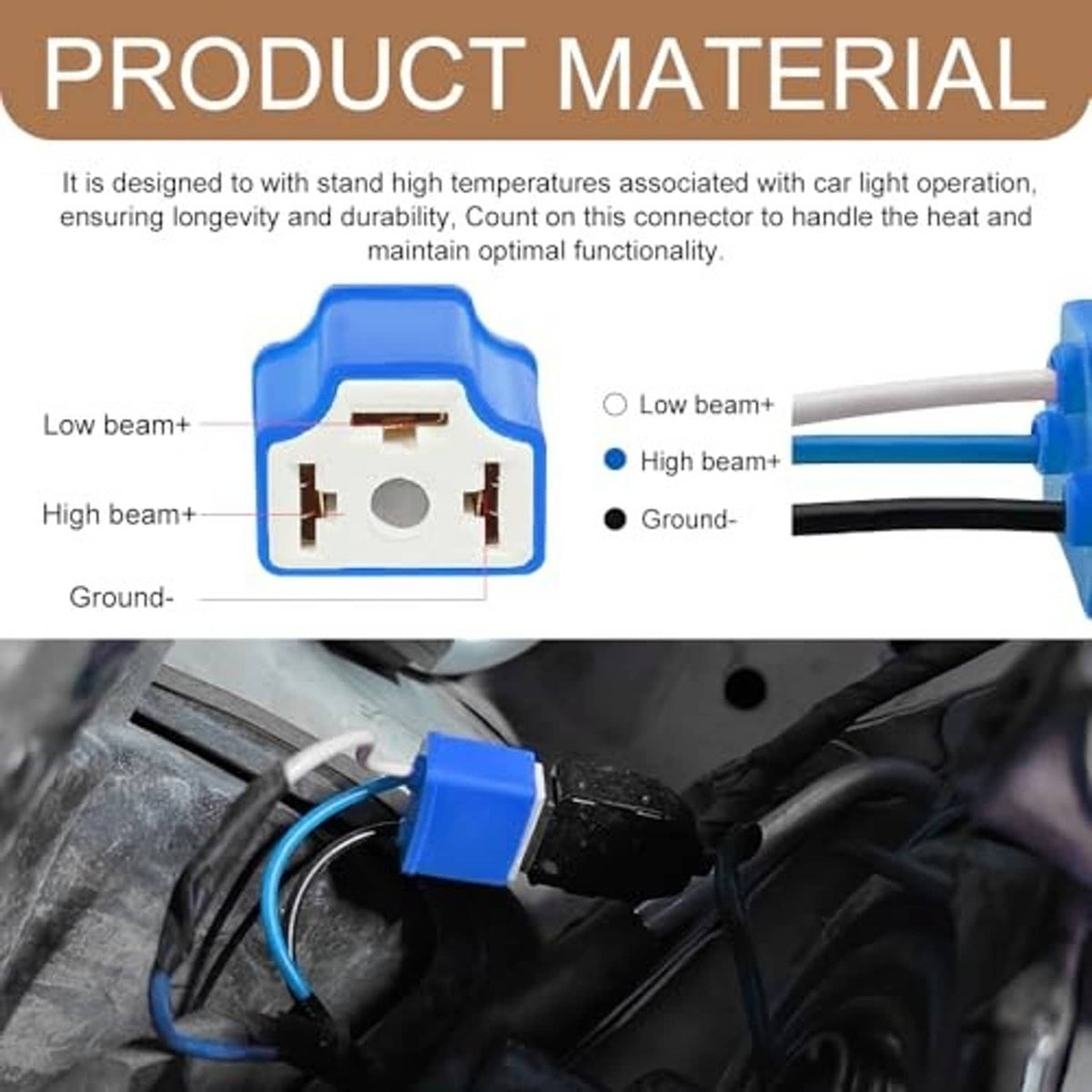 Blue automotive wiring connector with two-wire harness and exposed rear terminals