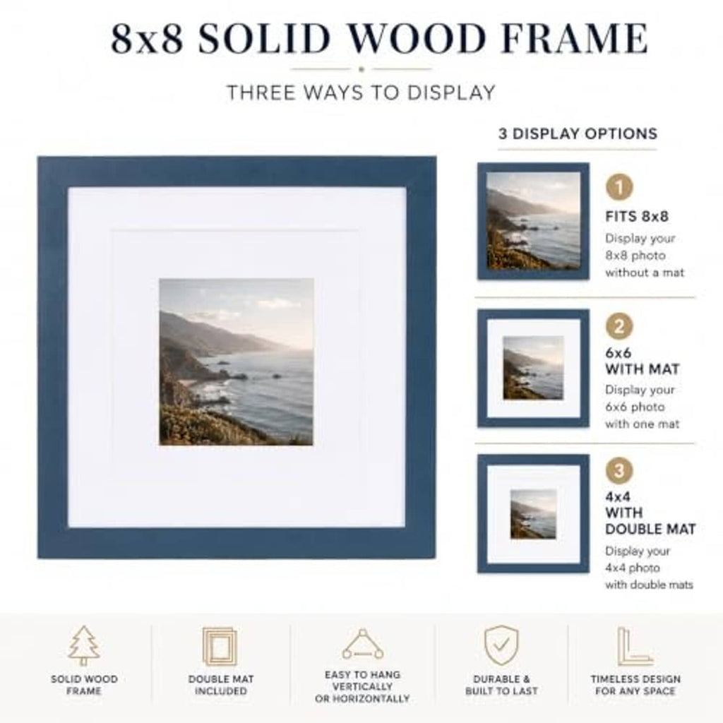 Navy 8x8 solid wood picture frame with double mat for 8x8 photos