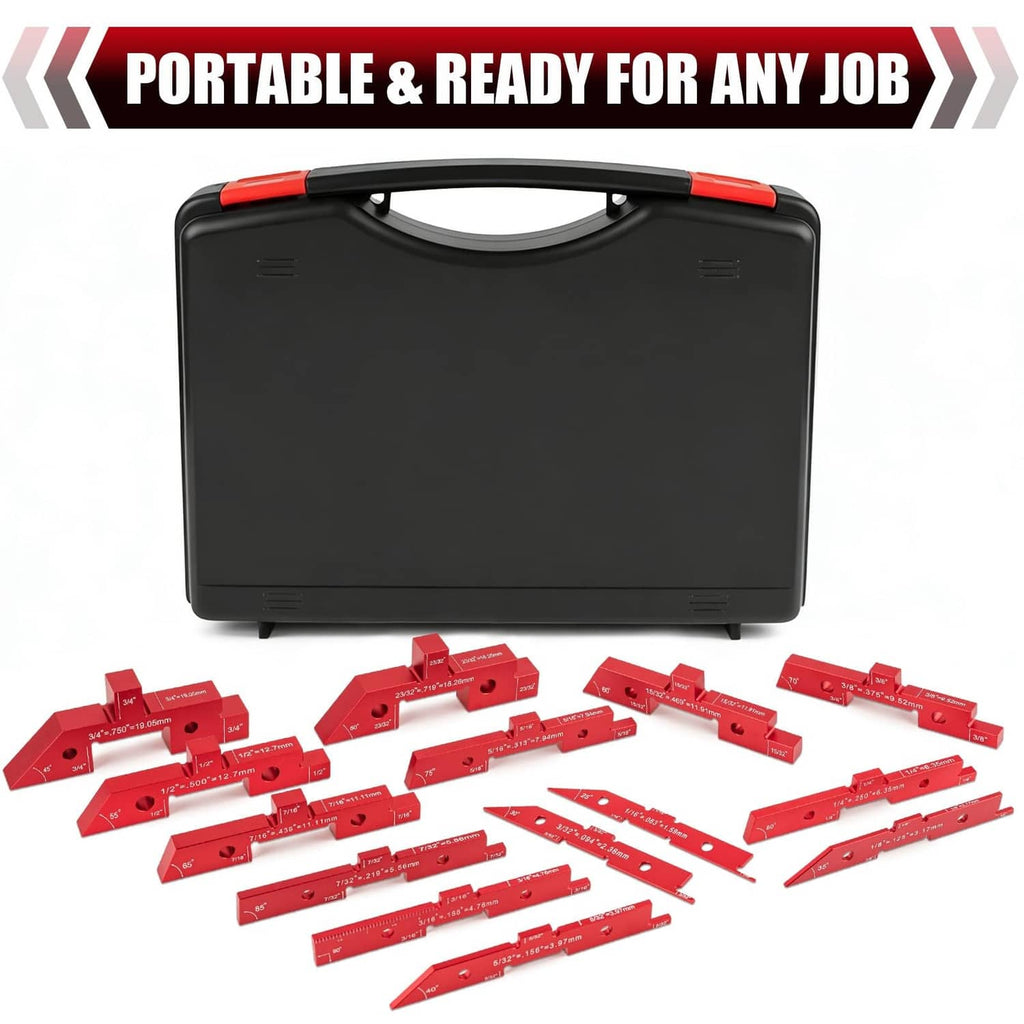 Portable woodworking setup block kit with black case and scattered red aluminum guide blocks