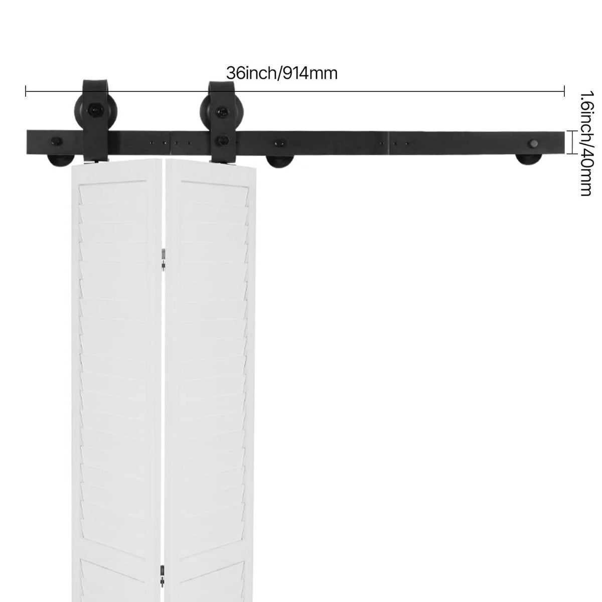 Ceiling-mounted black sliding barn door track with rollers for bi-fold doors