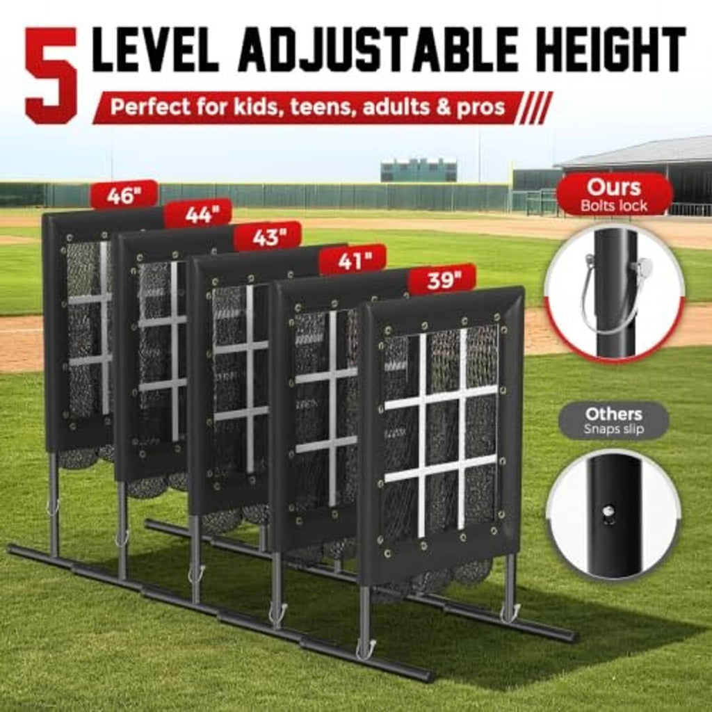5-level adjustable strike-zone pitching net with 9-hole grid on freestanding stands