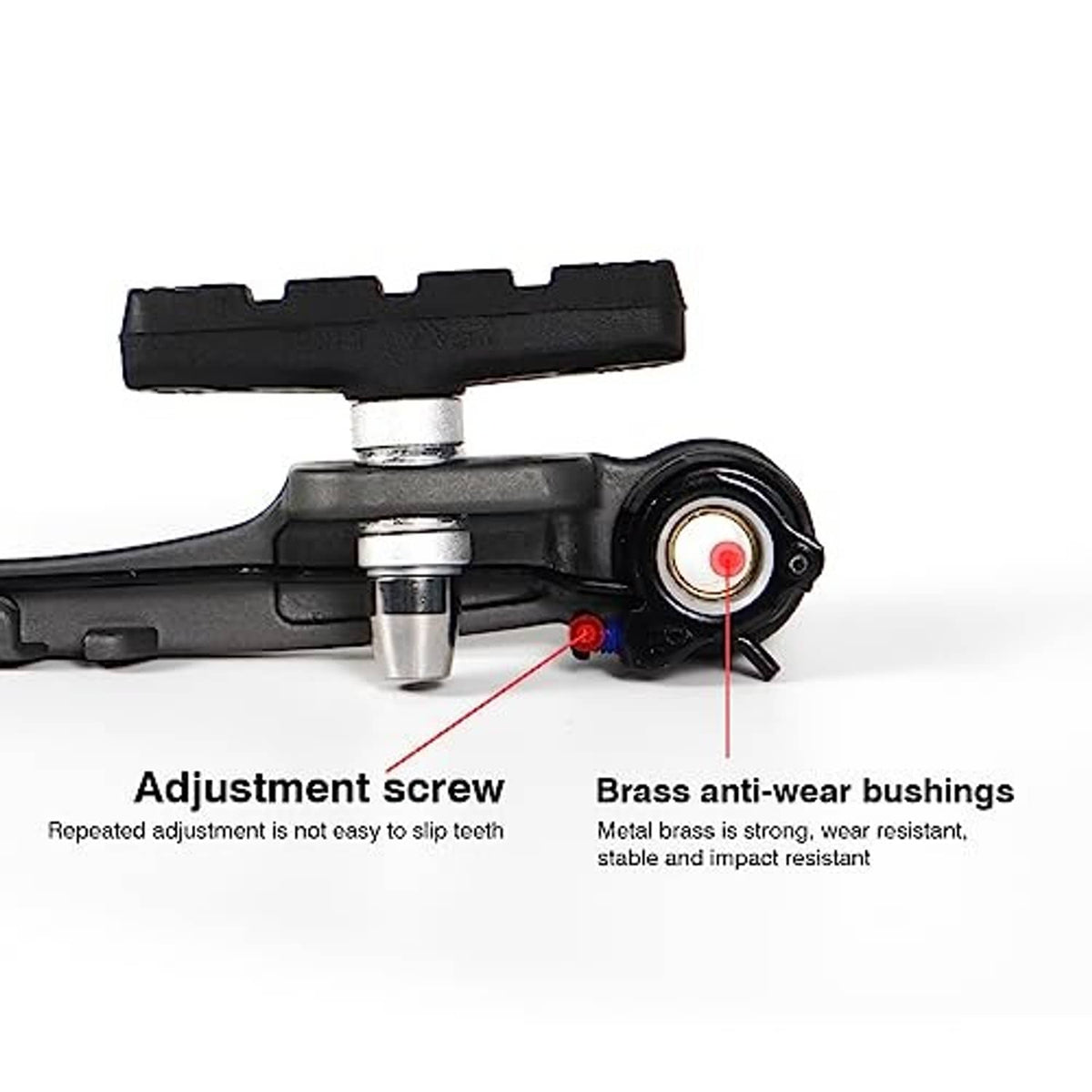 V brake adjustment screw and brass anti-wear bushing near black brake pad mount