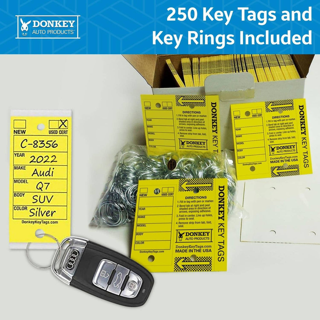 Boxed key tag kit with yellow laminated tags and metal key rings, 250 count