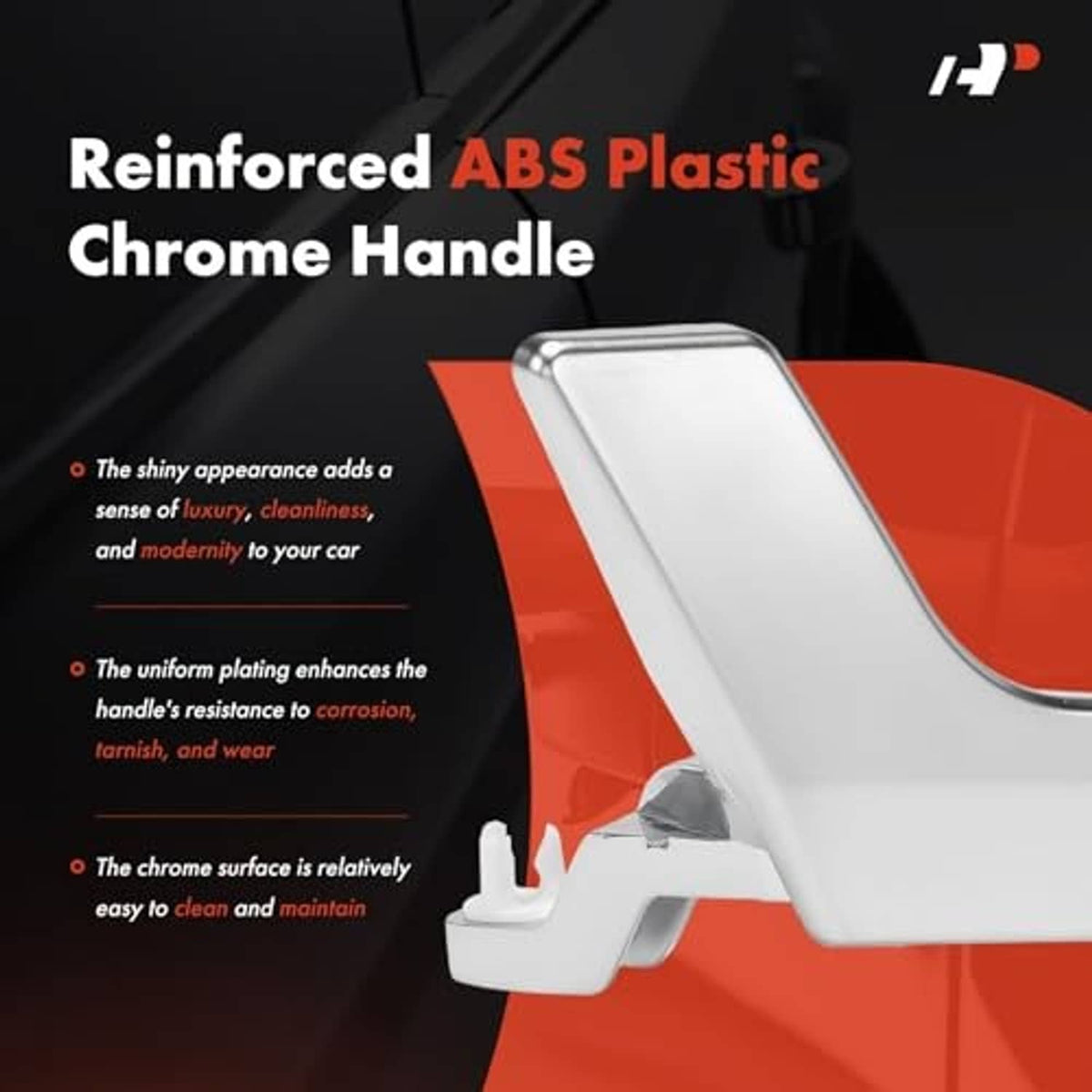 Chrome interior door handle with reinforced white ABS housing