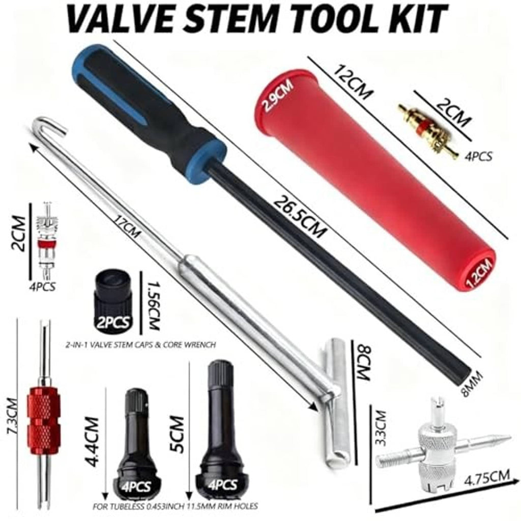 Valve stem tool kit with red handle, silver wrench, and black core tools diagram