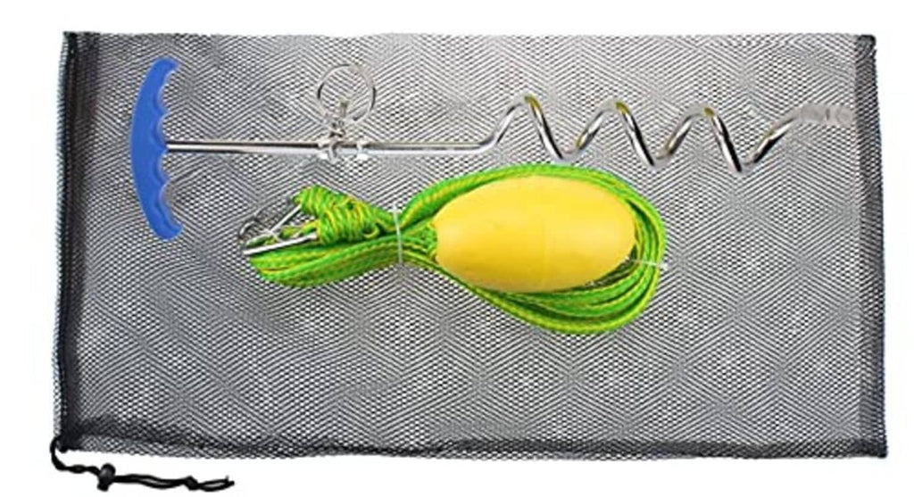 Anchor set in mesh bag: blue cap screw, green line, and yellow buoy