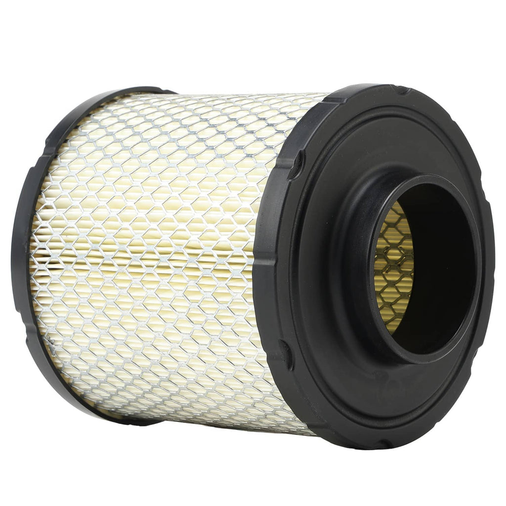 Cylindrical air filter with white pleated mesh and black side-mounted inlet port