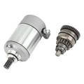 Silver ATV starter motor with pinion gear and mounting bracket, compact cylinder design