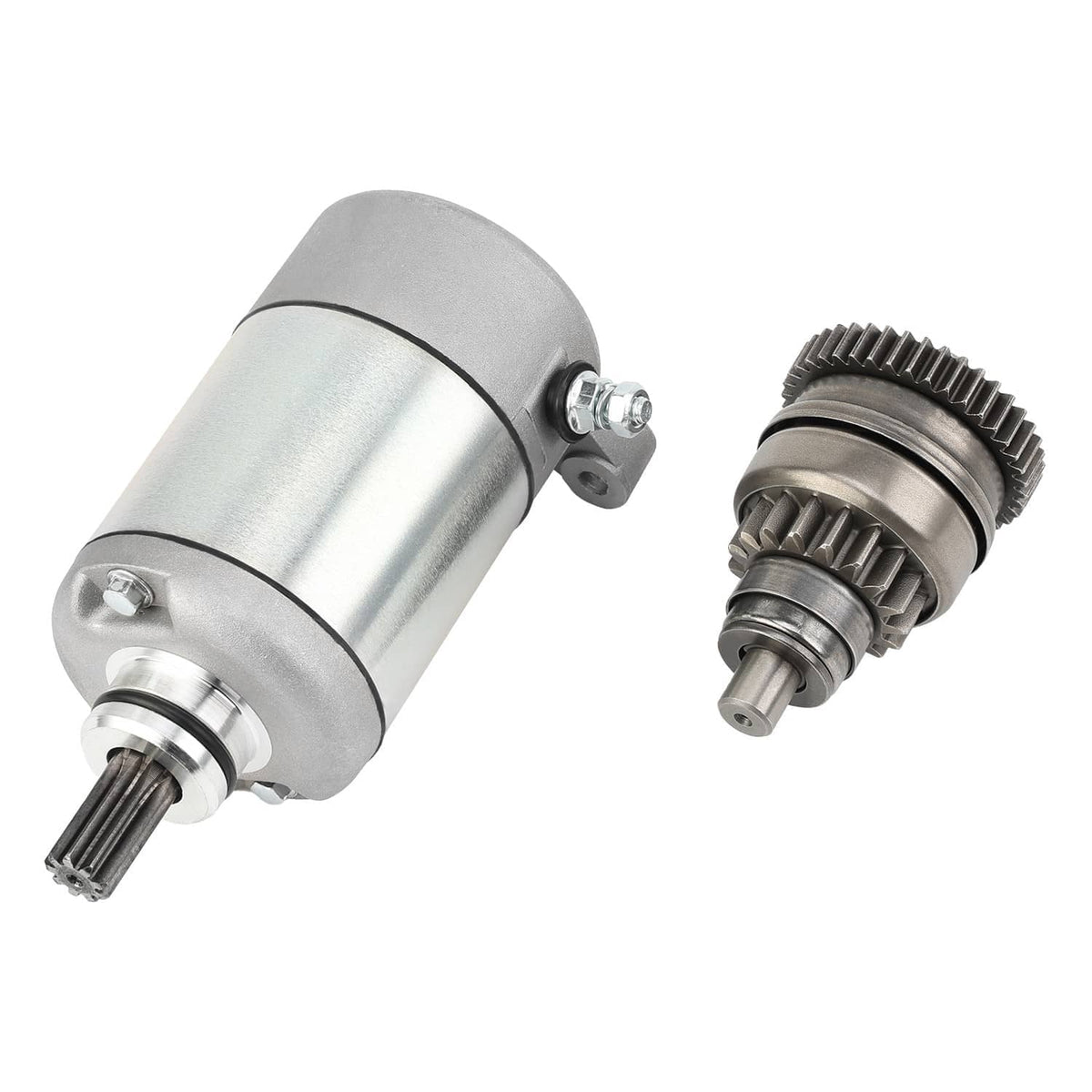 Silver ATV starter motor with pinion gear and mounting bracket, compact cylinder design