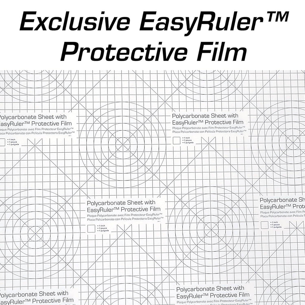 Clear polycarbonate sheet with protective film, shown over a blueprint-style grid