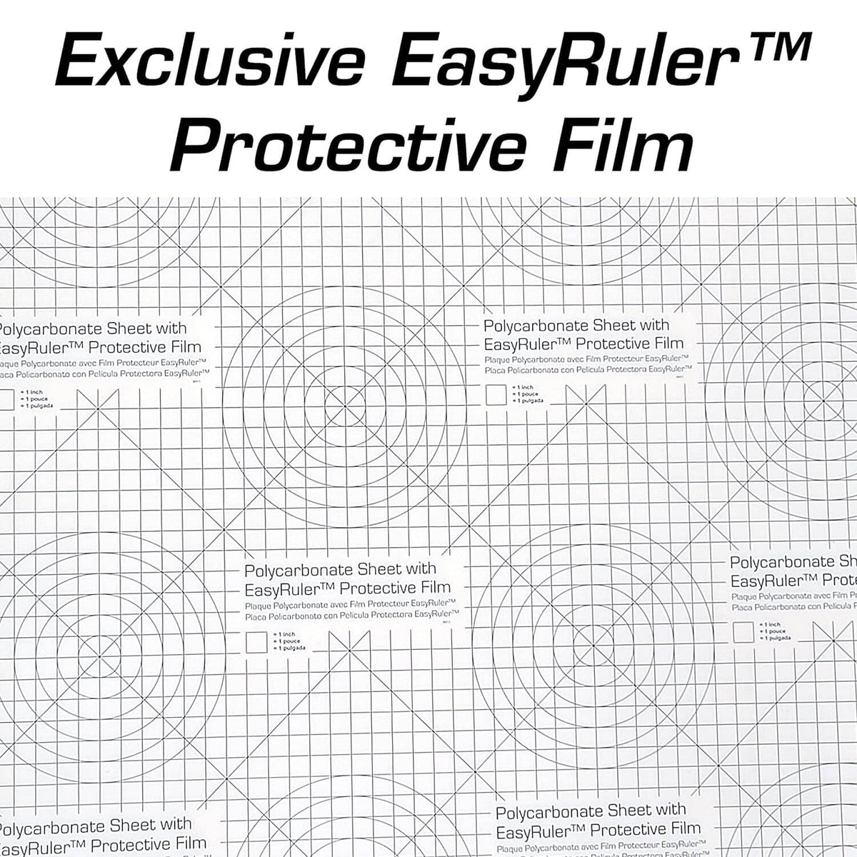 Clear polycarbonate sheet with protective film, shown over a blueprint-style grid