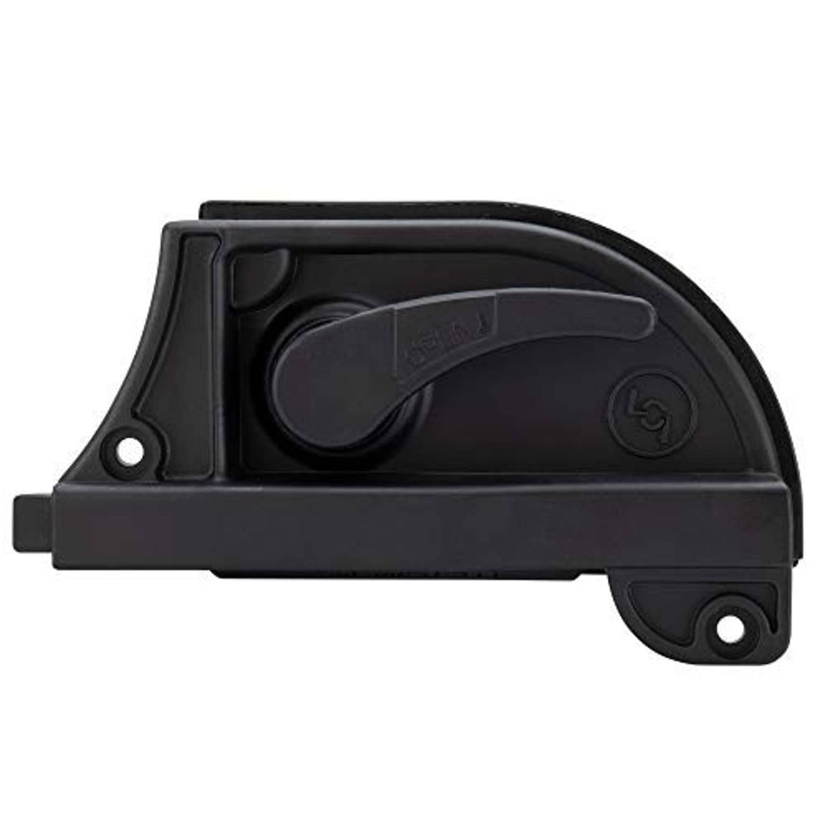 Black screen door latch casing with circular latch detail and mounting pin
