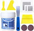 Drywall repair kit with white putty tub, blue spreader, yellow patches, mesh sheets, round discs