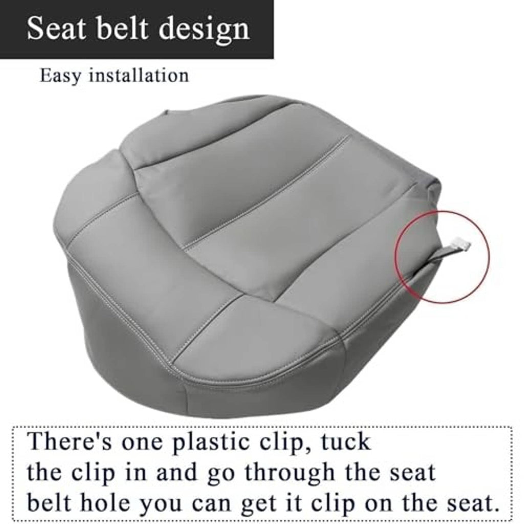 Gray leather seat cover with seat-belt cutout and easy installation clip area.